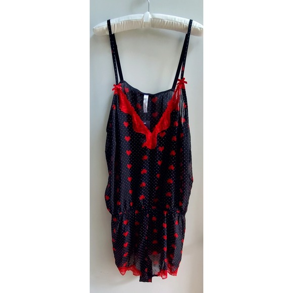 Cacique Collection Lingerie Romper 26/28 Baby Doll Black Dot Red Hearts Lace NWT - Picture 1 of 12